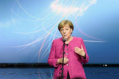 Frankfurt, Almanya. 14 Eylül, 2017. Angela Merkel de Frankfurt/Main 67 IAA Uluslararası Motor Show ile onun tur sonunda Salı, 14th Eylül 2017 konuşma