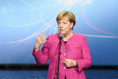 Frankfurt, Almanya. 14 Eylül, 2017. Angela Merkel de Frankfurt/Main 67 IAA Uluslararası Motor Show ile onun tur sonunda Salı, 14th Eylül 2017 konuşma