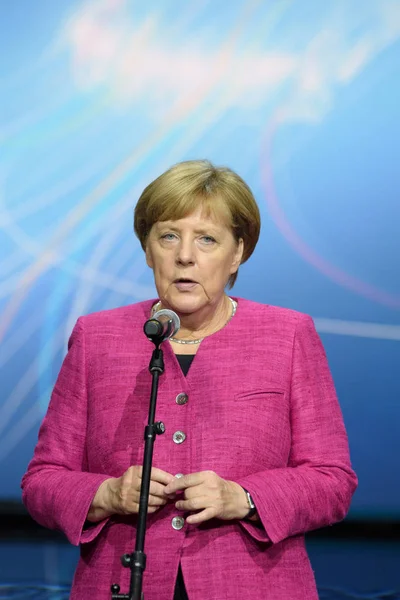 Francfort Allemagne Sept 2017 Angela Merkel Prononce Une Allocution Fin — Photo