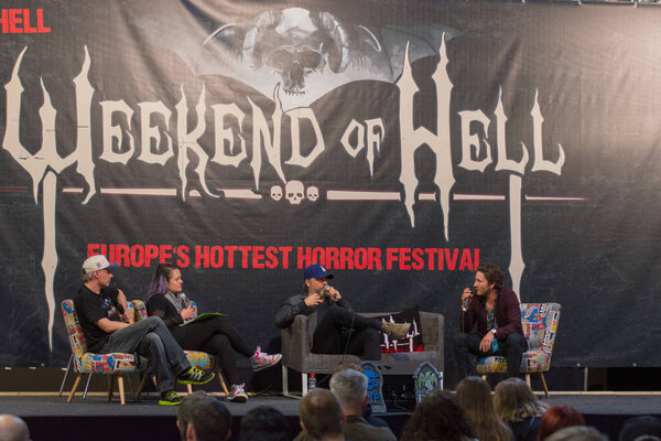 DORTMUND, GERMANY - APRIL 8: (L to R) Actors Tyler Labine & Jesse Moss (Tucker & Dale vs Evil panel) at Weekend of Hell, a two day (April 7-8 2018) horror-themed fan convention.