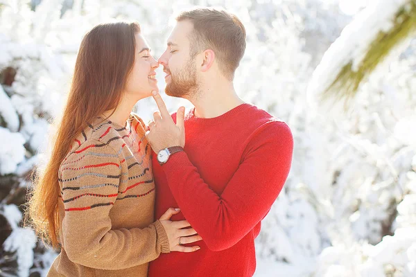Счастливая Молодая Пара Влюблена Зимний Лес Концепция Рождества — стоковое фото