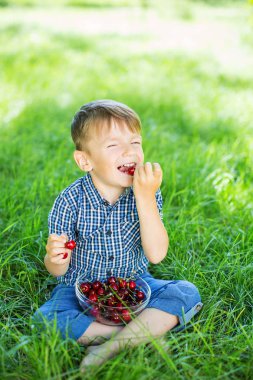 Kiraz plakalı yeşil çimenlerin üzerinde oturan sevimli küçük boy gülümseyerek.