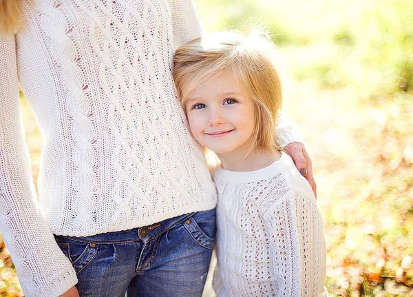 Hermosa Feliz Madre Joven Con Hija Pequeña Jugando Parque Otoño —  Fotos de Stock