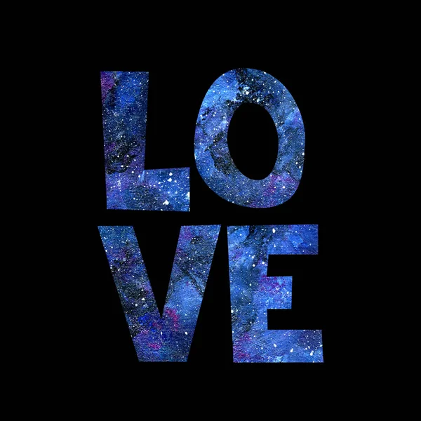 Palavra de amor. Composição tipográfica de letras desenhadas à mão da galáxia espacial cósmica isoladas num fundo preto. Aplicável como um adesivo para conteúdo de mídia social ou post — Fotografia de Stock