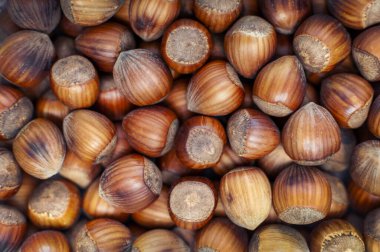 Kabuklu kavrulmuş fındıklar, üst manzara, yakın plan. Protein zengini mevsimlik vejetaryen yiyecekler