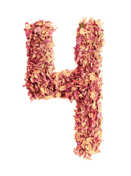 Number 4 made of rose petals, isolated on white background. Food typography. Design element. — Stock Photo, Image