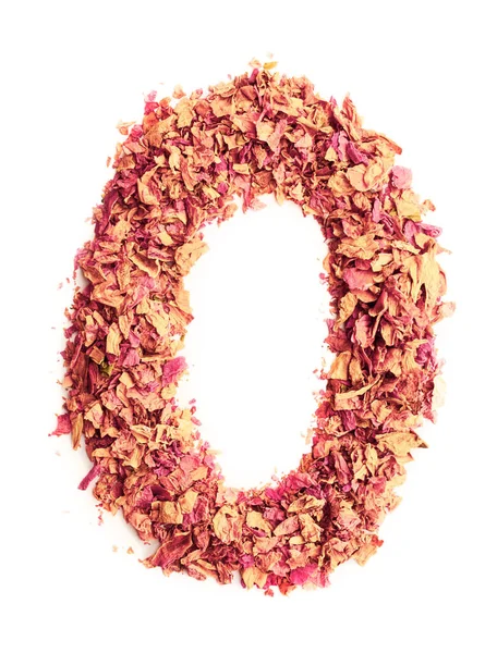 Number 0 made of rose petals, isolated on white background. Food typography. Design element — Stock Photo, Image