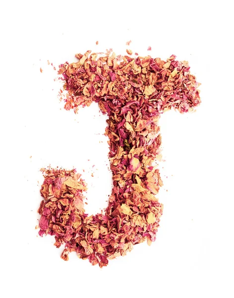 Letter J, made of rose petals, isolated on white background. Food typography, english alphabet. Design element. — Stock Photo, Image