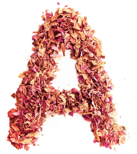 Letter A made of dried rose petals, isolated on white background. Food typography, english alphabet. Design element. — Stock Photo, Image