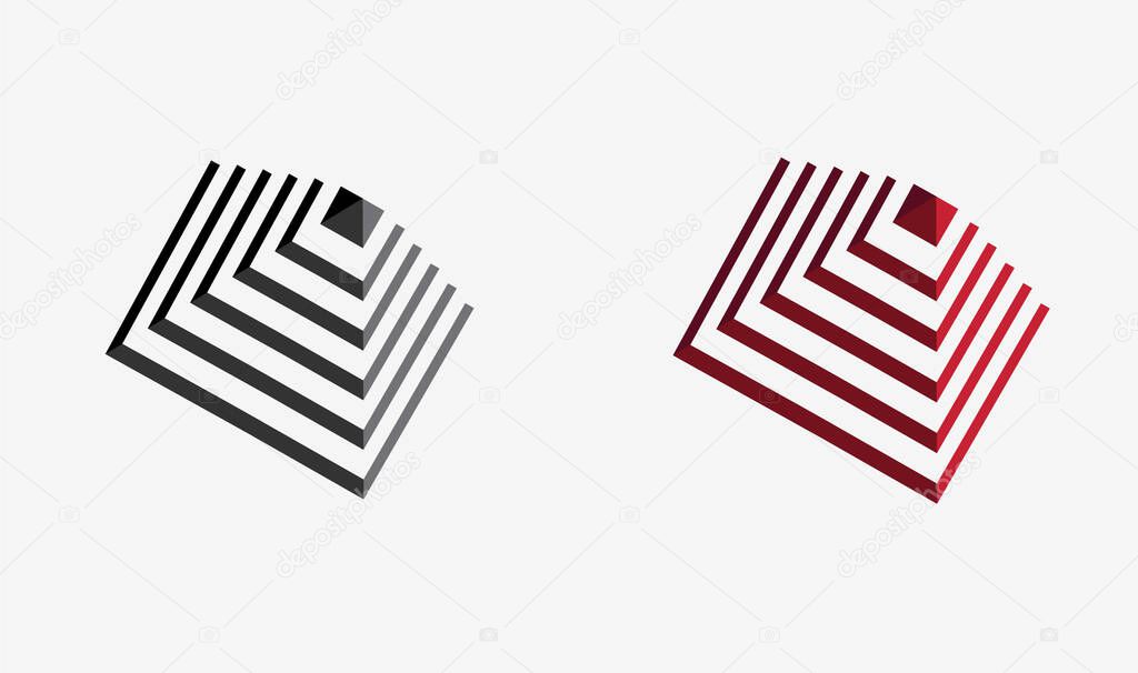 Pyramid in perspective view, two colors set red and grey. Vector logo elements for companies in architecture, construction, tech, and corporate.
