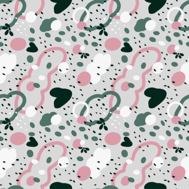 Kara kar fırtınası ve açık pembe ve gri desenleri ısıtıyor. Tekstil, moda, ambalaj ve kağıt için vektörsüz desen tasarımı