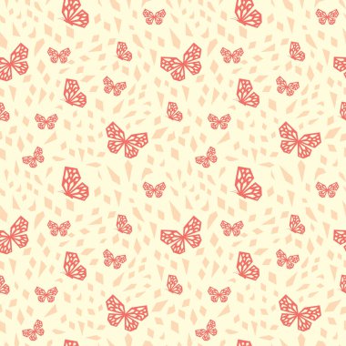 Soyut geometrik kelebek deseni pembe pastel renkte. Tekstil, moda, kağıt ve ambalaj için vektörsüz desen tasarımı