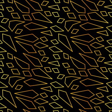 Keskin parçalardan esinlenilmiş soyut desen tasarımı siyah arkaplanda altın folyo şeklinde ana hatlar çiziyor. Damgalama ve moda için vektör deseni
