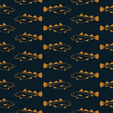 Morina balığı yatay olarak yüzer altın ve lacivert arka planda tekrarlanır. Tekstil, moda, ambalaj ve kağıt için vektörsüz desen tasarımı
