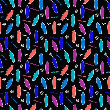 Renkli sörf tahtası karalama partisinin tebeşir stili. Tekstil, moda, kağıt ve ambalaj için vektörsüz desen tasarımı.