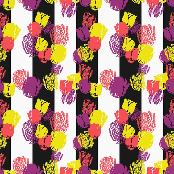 Tulipanes Coloridos Patrón Rayas Verticales Diseño Patrones Sin Costura Vectorial — Vector de stock