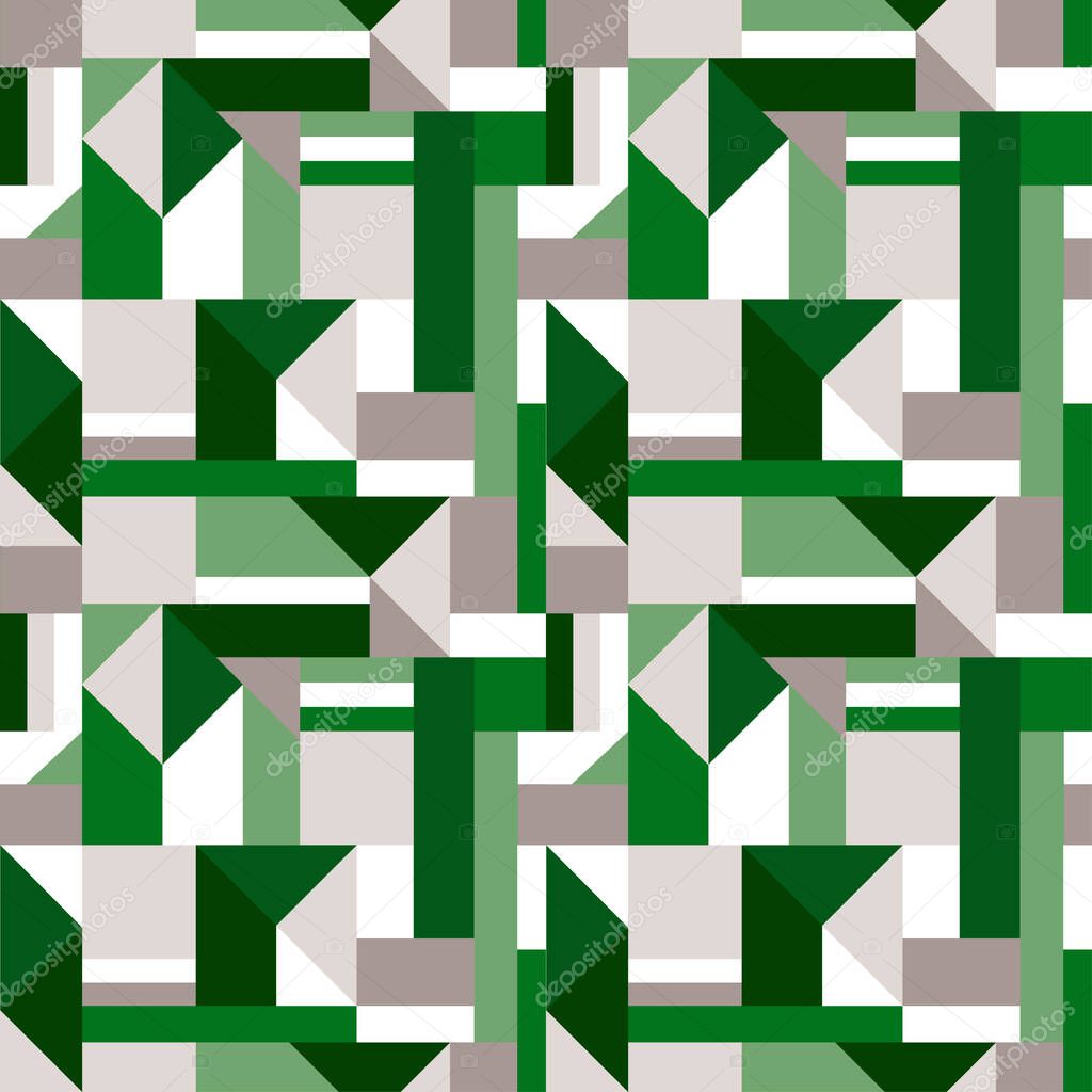 Green Monochromatic geometric shapes collage pattern. Vector seamless pattern design for textile, fashion, paper and wrapping.