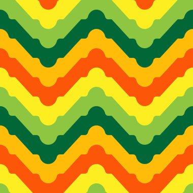 Turuncu, sarı ve yeşil renkli klasik zig-zag kabile deseni. Tekstil, moda, kağıt ve ambalaj için vektörsüz desen tasarımı.