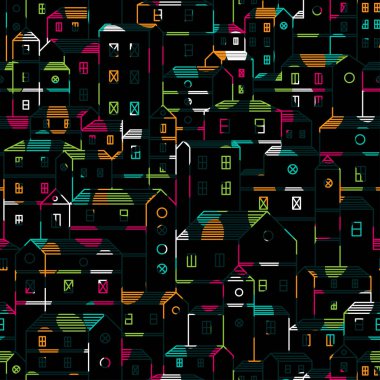 Siyah arkaplan desenli renkli evler. Tekstil, moda, kağıt ve ambalaj için vektörsüz desen tasarımı.