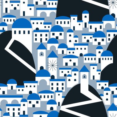Santorini köyü beyaz ve mavi renkte ilham kaynağı oldu. Tekstil, moda, kağıt ve ambalaj için vektörsüz desen tasarımı.
