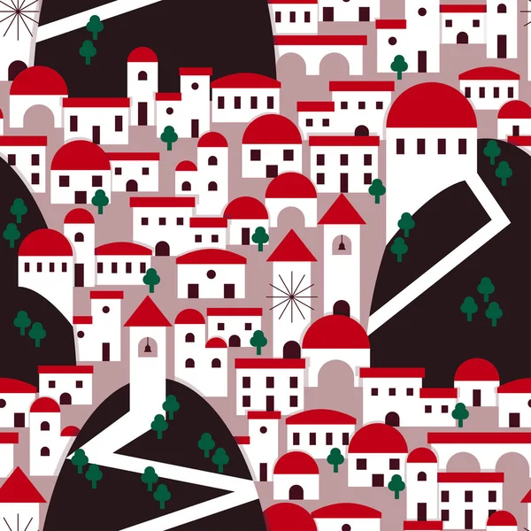 Valley village illustration pattern with red roof houses and trees. Vector seamless pattern design for textile, fashion, paper and wrapping.
