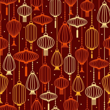 Kağıt fenerler silueti sıcak renk desenleriyle özetliyor. Tekstil, moda, kağıt ve ambalaj için vektörsüz desen tasarımı.