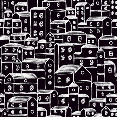 Evlerin beyaz tebeşir çizimleri. Tekstil, moda, kağıt ve ambalaj için vektörsüz desen tasarımı.