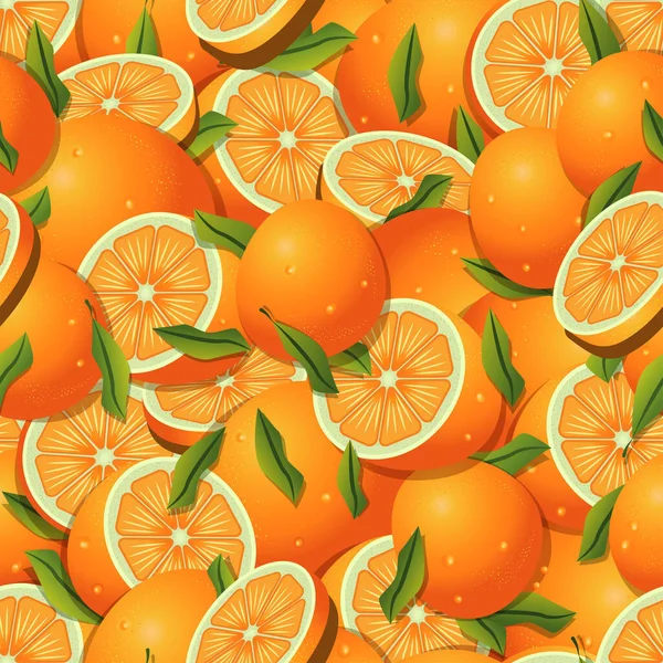 Whole Orange Fruits Pile Together Sliced Pieces Leaves Vector Seamless — Stock Vector