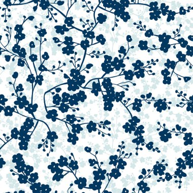 Mavi çiçekler siluet desenlerini dallandırır. Tekstil, moda, kağıt, ambalaj ve markalaşma için vektörsüz desen tasarımı.