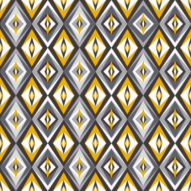 Modern sarı ve gri renklerde soyut elmas şekilli kabile deseni. Tekstil, moda, kağıt, ambalaj ve markalaşma için vektörsüz desen tasarımı.