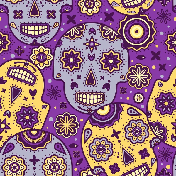 Colorful Decorated Sugar Skull Pattern Purple Yellow Vector Seamless Pattern — Stock Vector