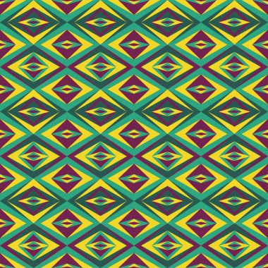 Geometrik desen sarı mor ve yeşil renklerde. Tekstil, moda, kağıt, ambalaj ve markalaşma için vektörsüz desen tasarımı.