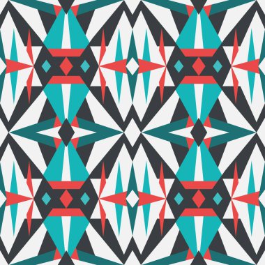 Geometrik desen mavi ve kırmızı kabile tasarımlarından esinlenilmiştir. Tekstil, moda, kağıt, ambalaj ve markalaşma için vektörsüz desen tasarımı.