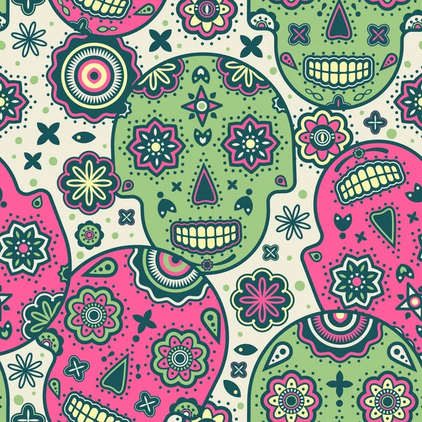 Girly Green Pink Fun Sugar Skull Pattern Vector Seamless Pattern — Stock Vector