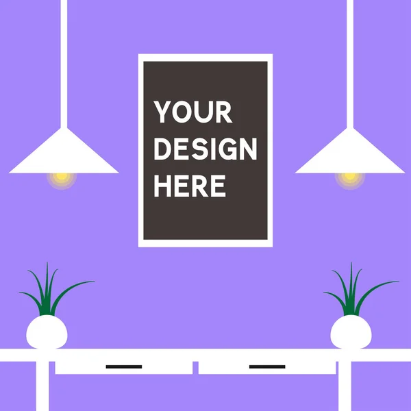 Minimalist desk scenery illustration with hanging poster in flat vector style. Show your designs in this stylish vector mockup