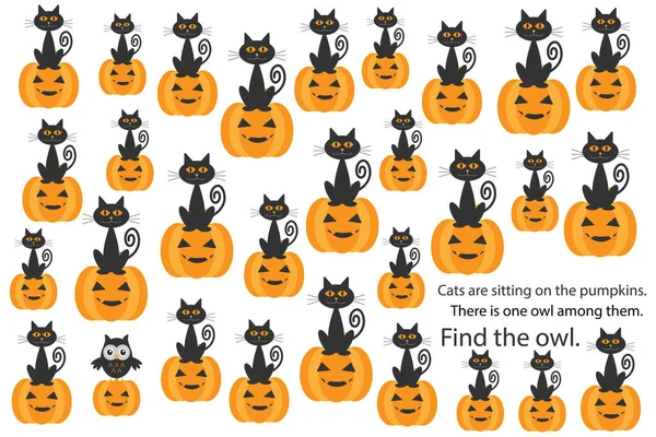 Najít Sova Mezi Kočky Dýně Halloween Zábavné Vzdělávací Puzzle Hra — Stockový vektor