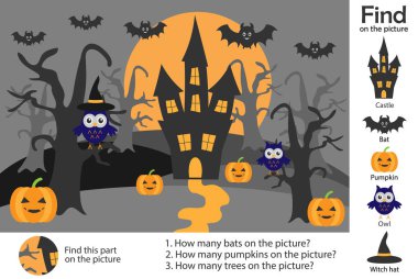 Etkinlik sayfa, Cadılar Bayramı resim karikatür tarzı, görüntüleri bulmak, cevap sorular, çocuklar, çocuklar okul öncesi etkinlik, çalışma sayfası, vektör çizim görsel eğitim geliştirme için oyun