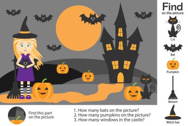 Etkinlik sayfa, Cadılar Bayramı resim karikatür tarzı, görüntüleri bulmak ve cevap sorular, çocuklar, çocuklar okul öncesi etkinlik, çalışma sayfası, vektör çizim görsel eğitim geliştirme için oyun