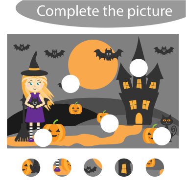 Bulmacayı tamamlamak ve eksikler bul resmin, Cadılar Bayramı, eğlenceli eğitim oyun çocuklar, çocuklar için okul öncesi çalışma sayfası etkinlik için görev için mantıksal düşünme geliştirilmesi, vektör