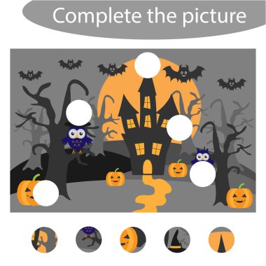 Bulmacayı tamamlamak ve Cadılar Bayramı resmi eksik parçalarını bulmak eğlenceli eğitim oyun çocuklar, çocuklar için okul öncesi çalışma sayfası etkinlik için görev için mantıksal düşünme geliştirilmesi, vektör