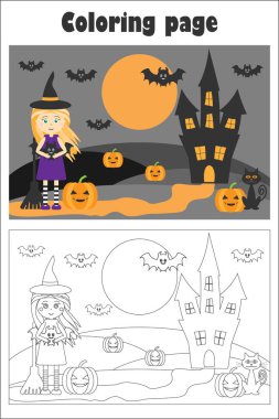 Cadılar Bayramı resim karikatür tarzı, boyama sayfası, eğitim kağıt çocuklar, çocuklar okul öncesi etkinlik, yazdırılabilir çalışma, vektör çizim gelişimi için oyun cadı ile