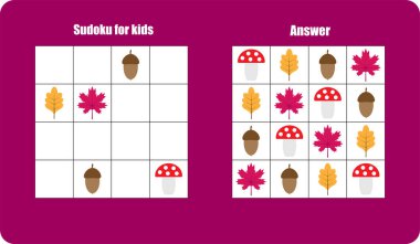 Sudoku oyunu ile çocuklar, kolay seviye, eğitim oyun çocuklar, okul öncesi çalışma sayfası etkinlik, mantıksal düşünme, vektör çizim gelişimi için görev için sonbahar resimleri (mantar, yaprak)
