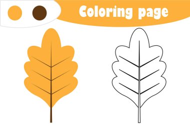 Meşe yaprağı karikatür tarzı, sonbahar boyama sayfası, eğitim kağıt çocuklar, çocuklar okul öncesi etkinlik, yazdırılabilir çalışma, vektör çizim gelişimi için oyun