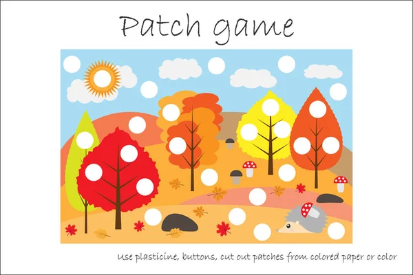Education Patch game forest for children to develop motor skills, use plasticine patches, buttons, colored paper or color the page, kids preschool activity, printable worksheet, vector illustration