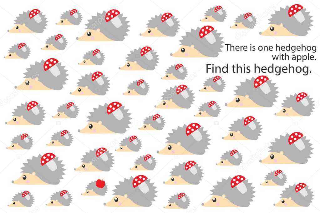 Find hedgehog with apple, fun education puzzle game with autumn theme for children, preschool worksheet activity for kids, task for the development of logical thinking and mind, vector illustration