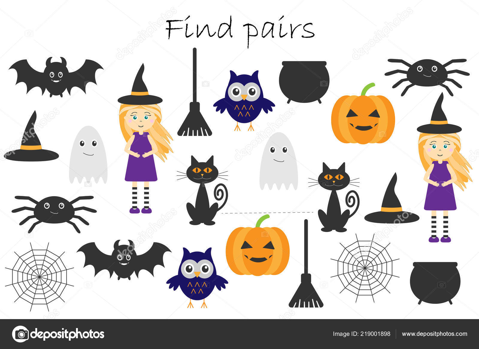 Encontrar Pares Imágenes Idénticas Divertido Juego Educación Con Tema  Halloween Vector de stock #219001898 de ©olya.by@mail.ru, image size:1600x1167