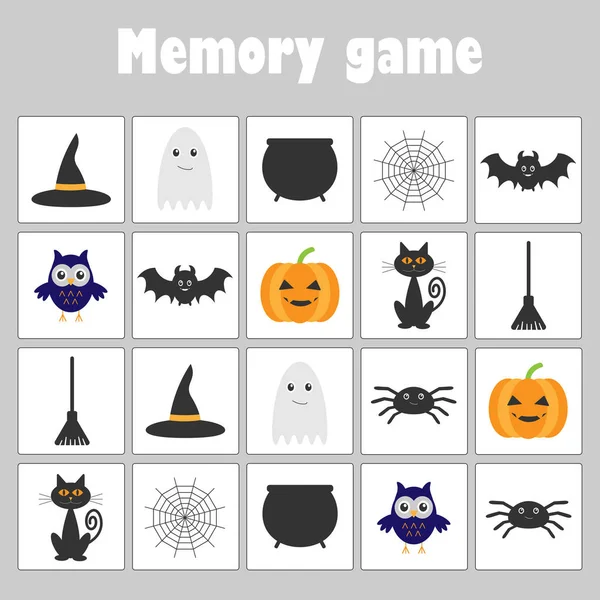 Memory game with pictures (halloween theme) for children, fun education game for kids, preschool activity, task for the development of logical thinking, vector illustration