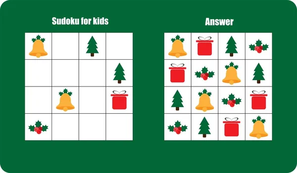 Gioco Sudoku Con Immagini Natale Campana Regalo Bambini Livello Facile — Vettoriale Stock