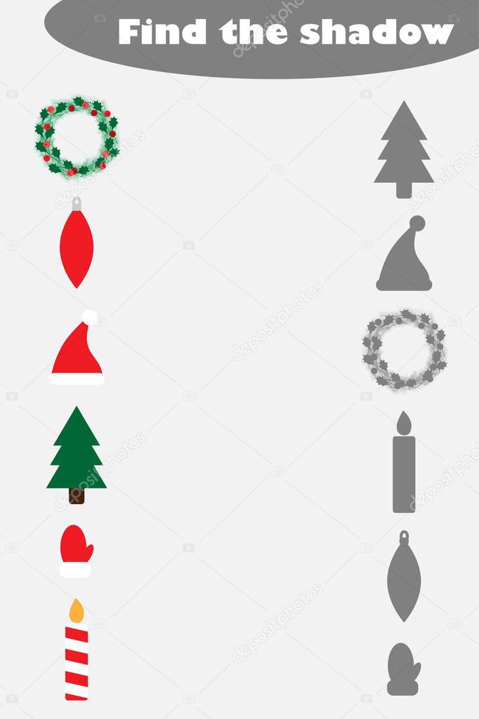 Find the shadow game with christmas pictures for children, education matching game for kids, preschool worksheet activity, task for the development of logical thinking, vector illustration