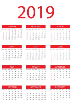 Takvim 2019 yıl, basit tasarım şablonu, dikey biçim, hafta Pazar günü başlar